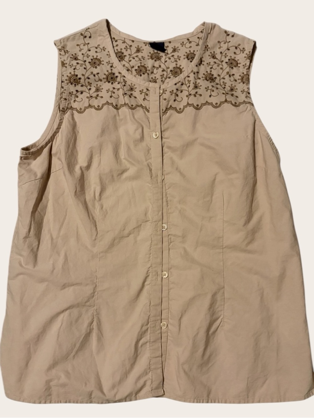 VINTAGE Sleeveless Embroidered Beige Button-Front Women's Top